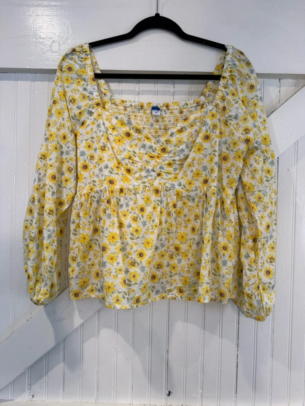 Old Navy Sunflower Floral Smocked Peplum Top | Puff Sleeve Cottagecore Boho - Picture 2 of 10